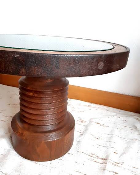 Dudouyt style brutalist wooden wheel coffee table