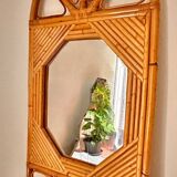 Curved half-moon console in rattan and bamboo with mirror by Vivai del Sud, Italy, 1960s.