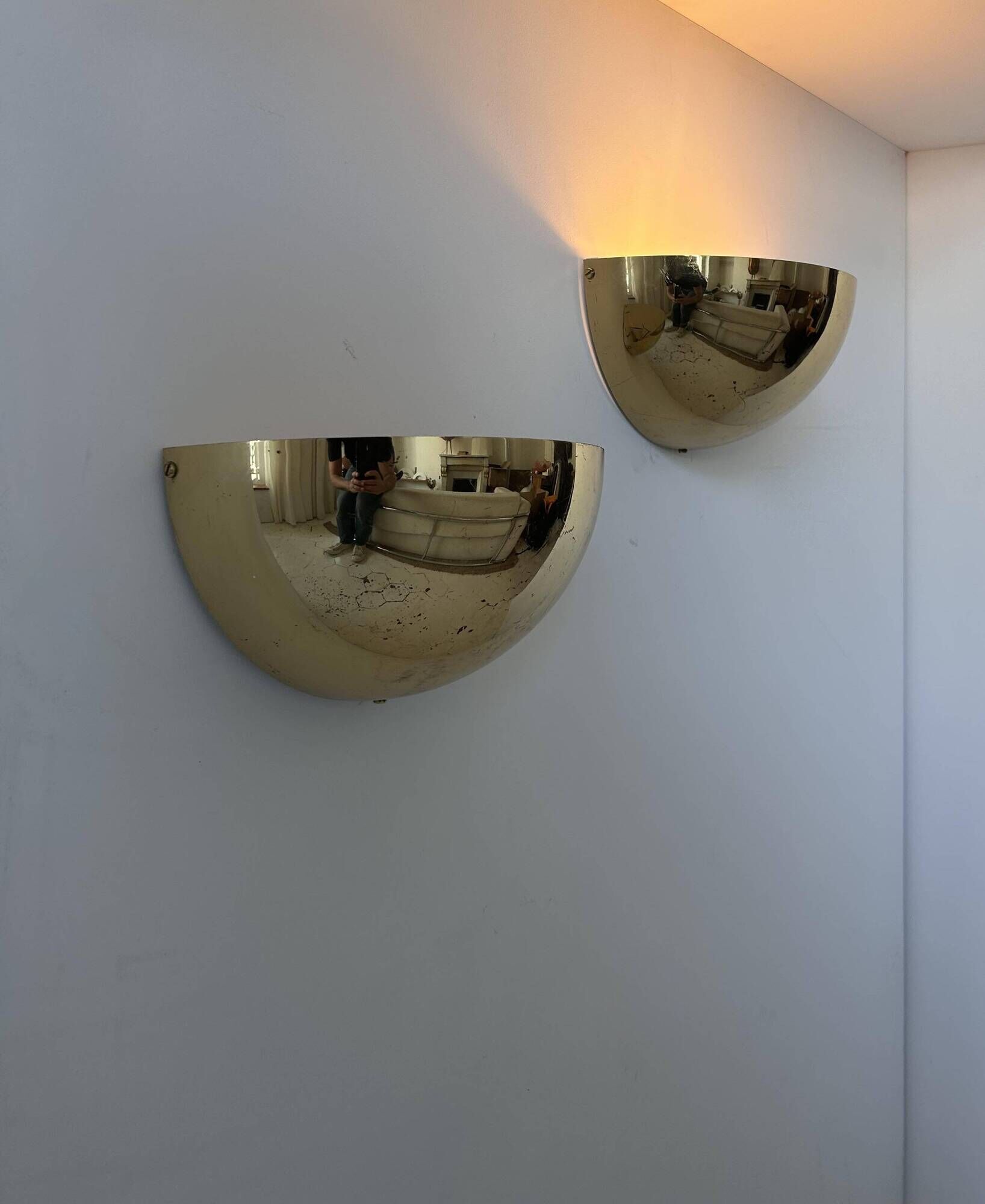 Pair of vintage half moon wall lights, brass, France 1970