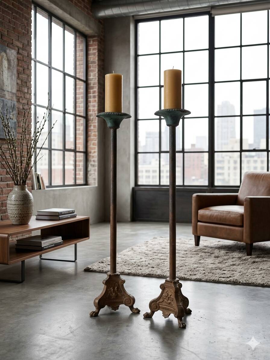 Pair of antique candlesticks, 110cm in height.