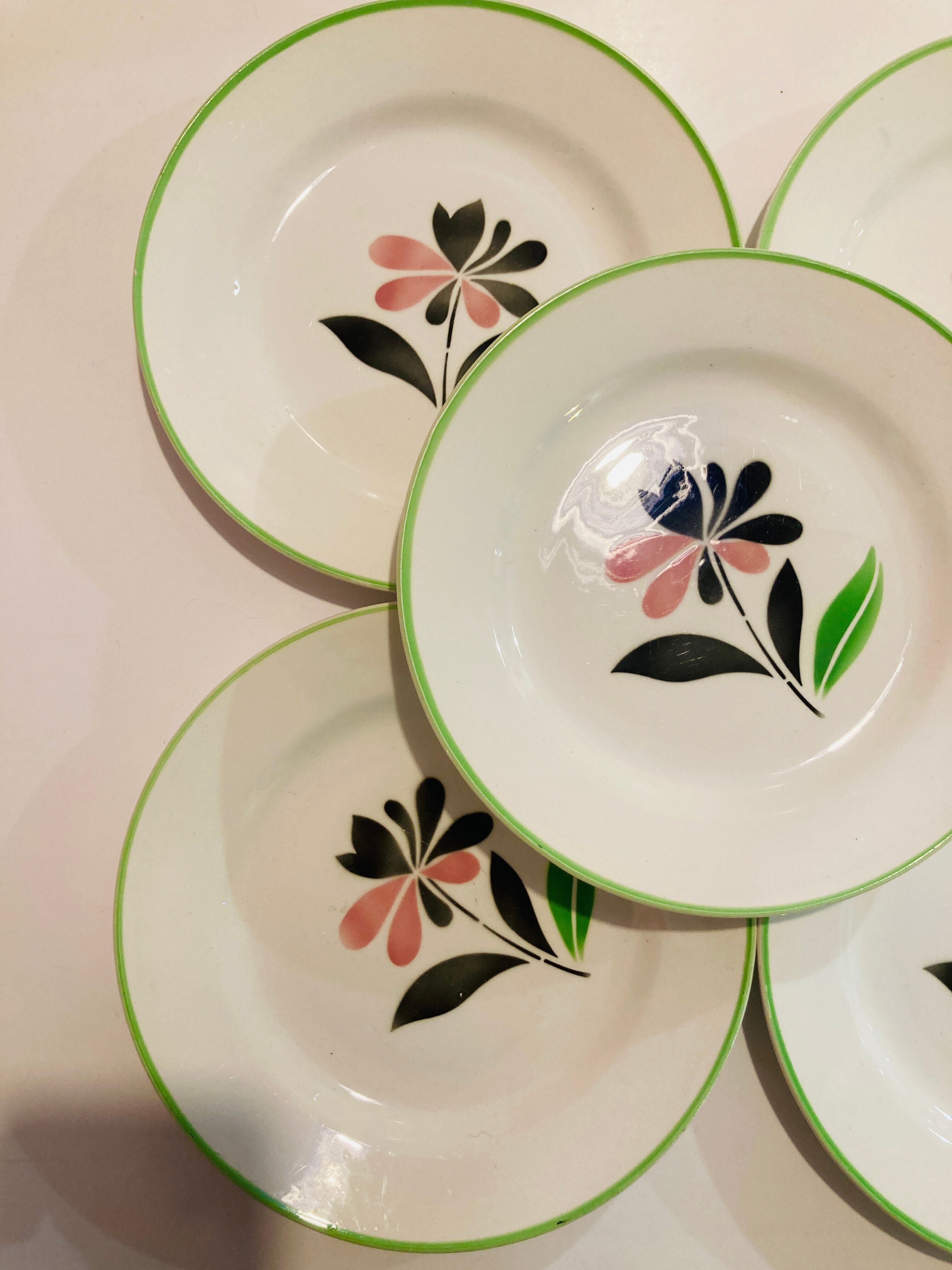X5 small plates floral pattern glass Digoin sarreguemines Rustic -France -retro-vintage