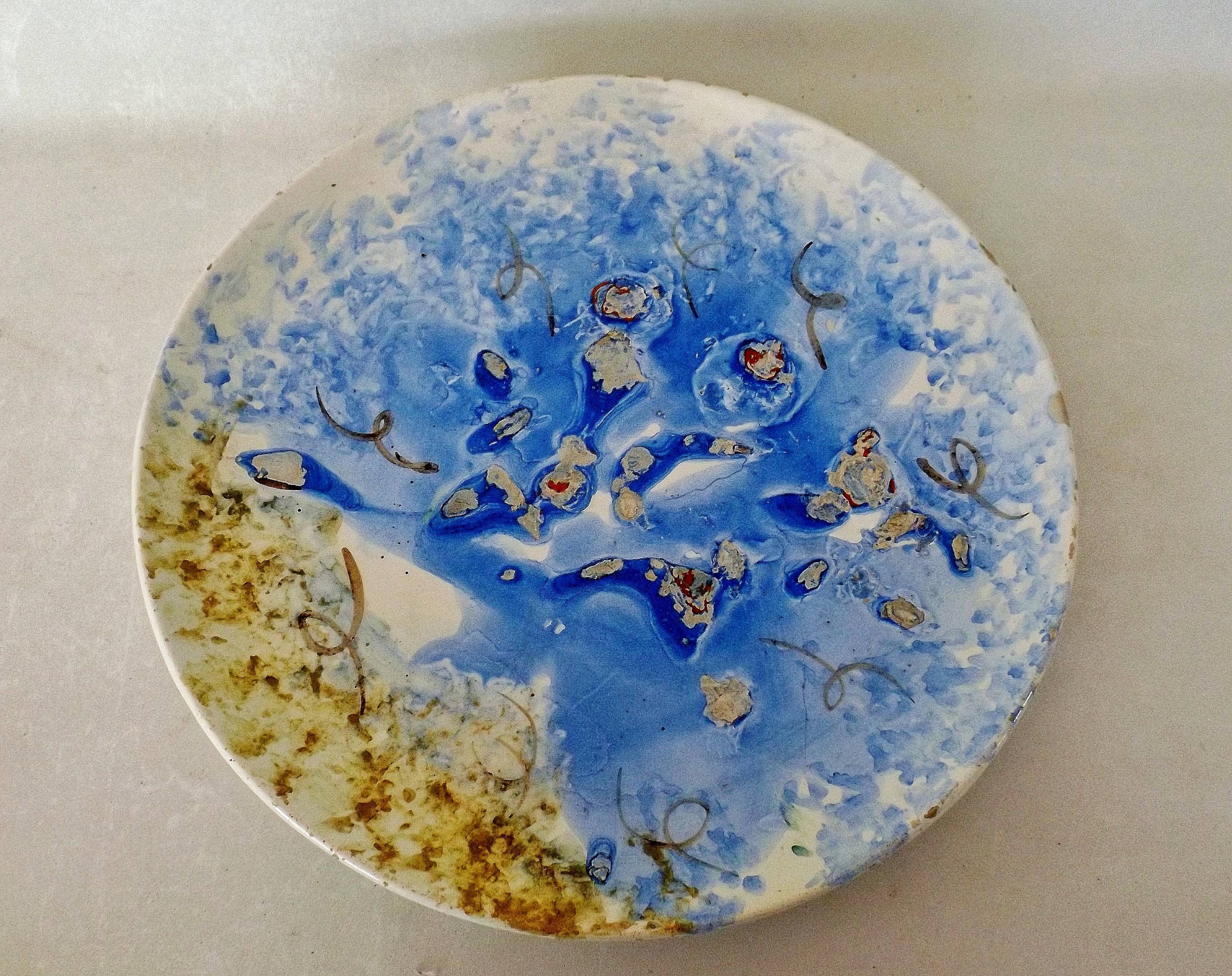 Ceramic plate / dish blue enamelled decoration, circa 1970