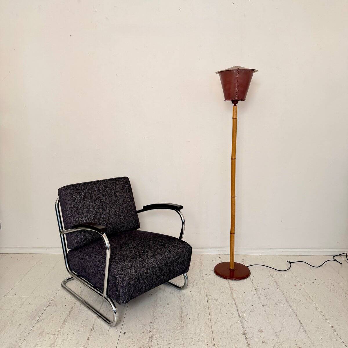 Italian mid-century floor lamp in bamboo & metal, 1950s