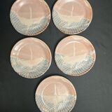 Set of five small Korean stoneware plates with pink crane, 20th century