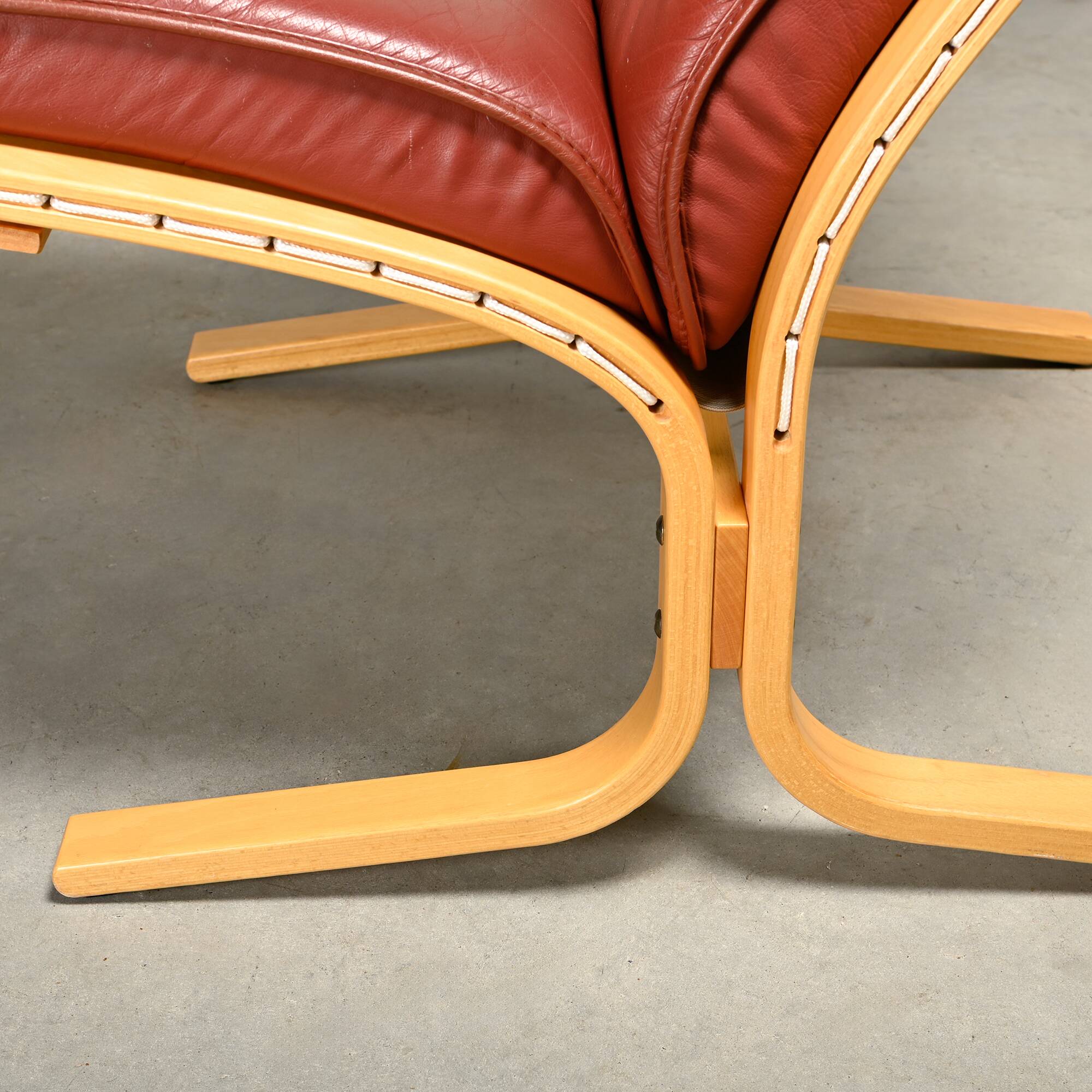 Pair Ingmar Relling Siesta Lounge Chairs in Beech and Burgundy Leather