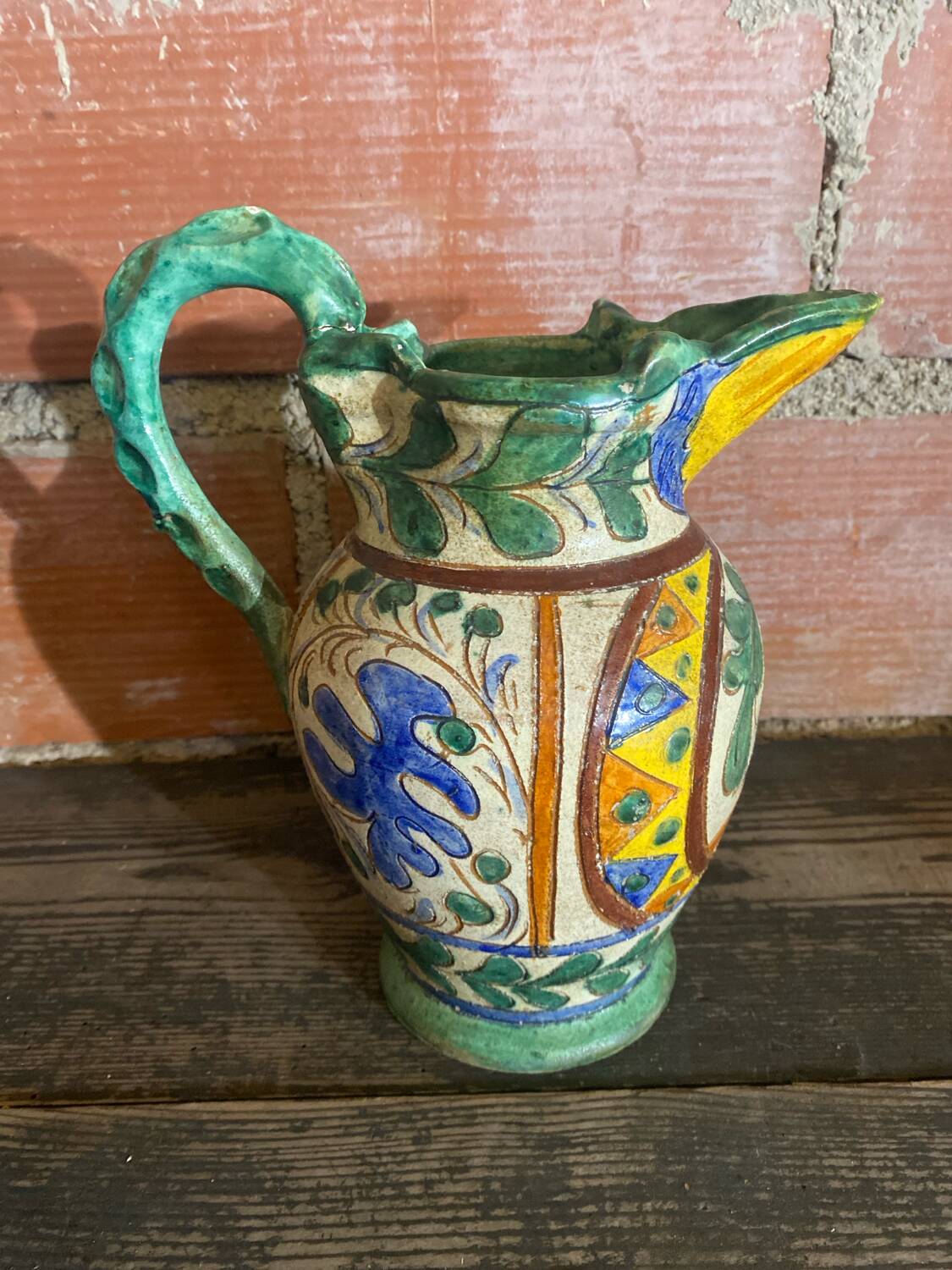 Antique Style Monaco Perugia Ceramic Pitcher with Multicolored Bird Decoration
