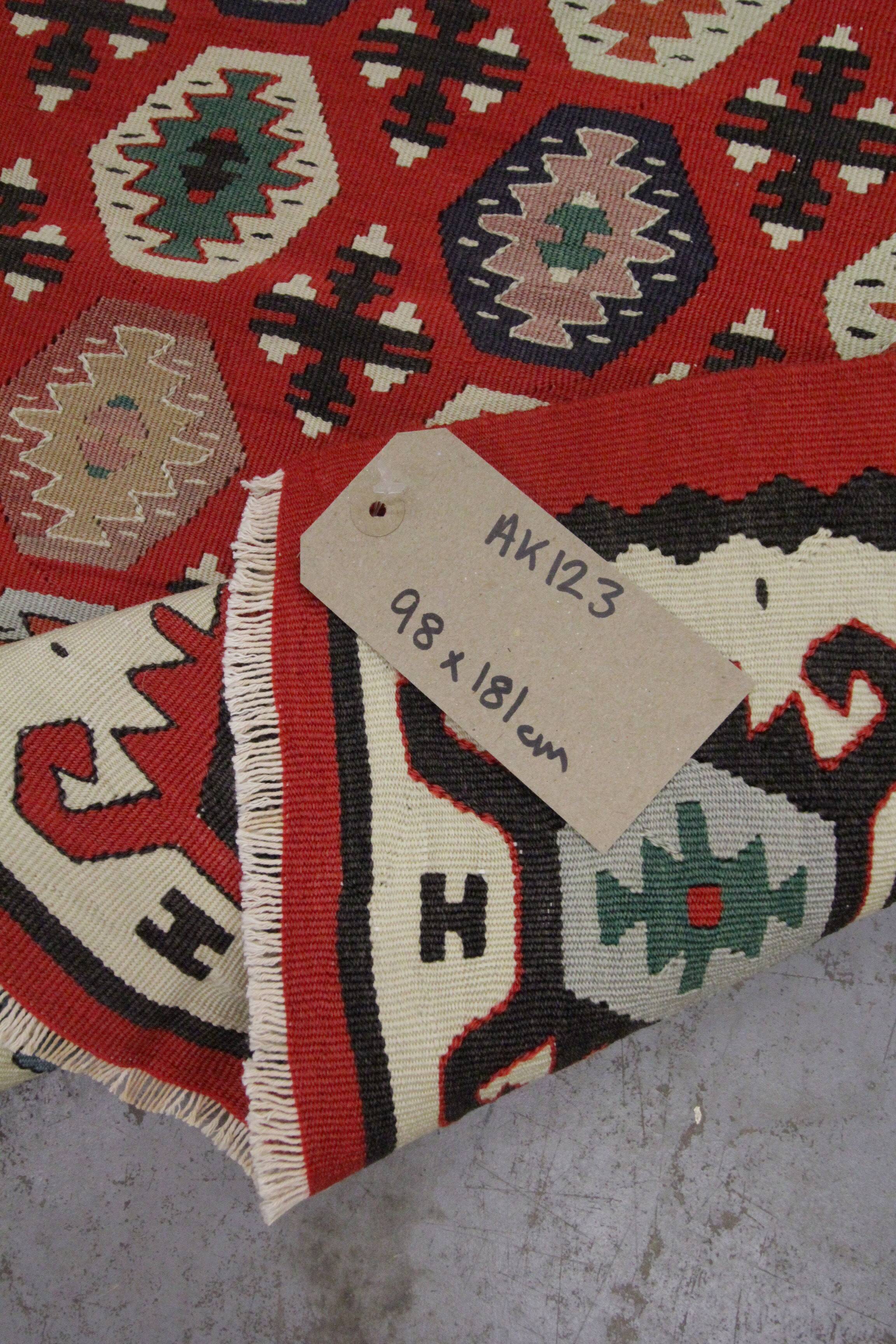 Handwoven Turkish Kilim Rug, 1960s Red Geometric Tribal Rugs 98 x 181 cm