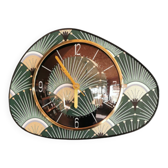 Vintage formica clock silent asymmetrical wall pendulum "Green black gold"