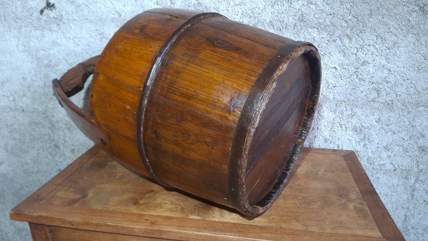 Old wooden well bucket with wrought iron bands – Late 19th century