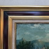 Animated landscape on the edge of a mountain lake, oil on canvas, painting from 19th century