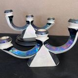 Pair of 3-branch candlesticks in iridescent two-tone ceramic from the 60s