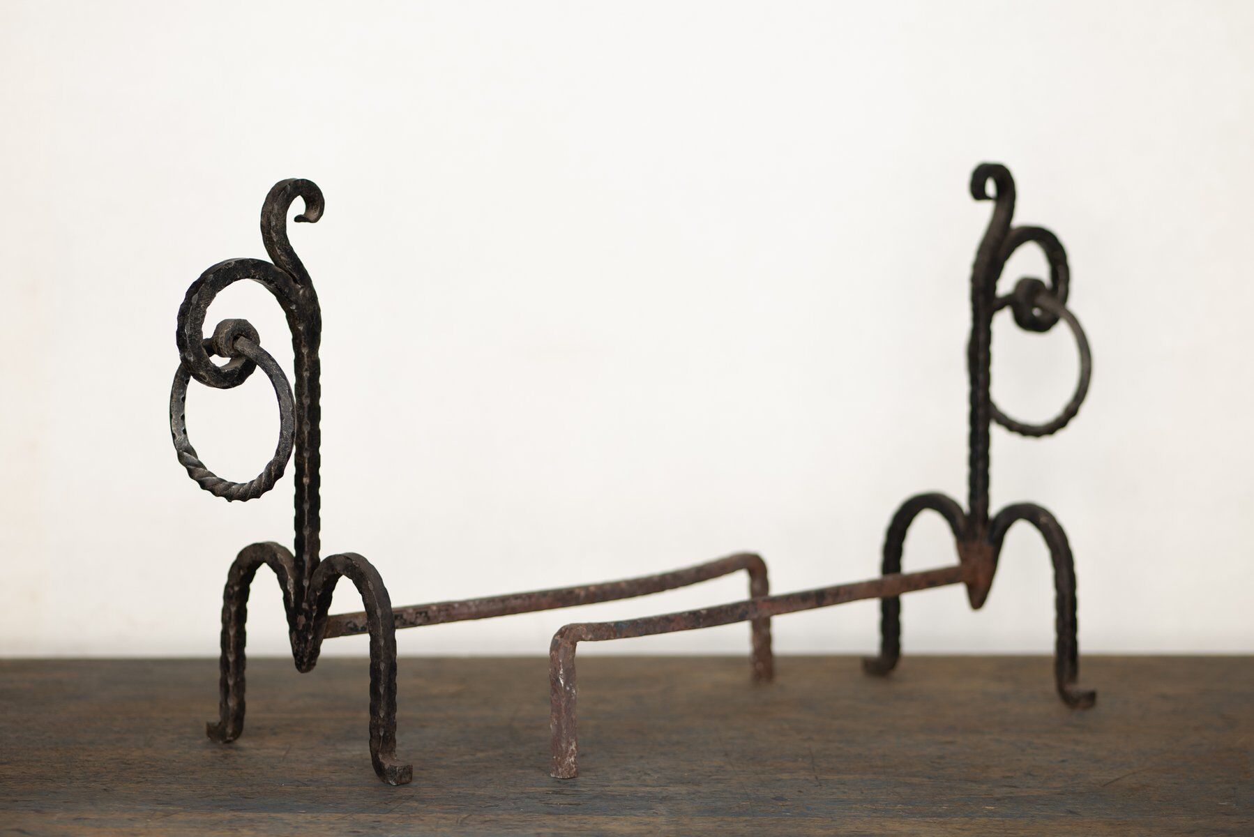 Brutalist wrought iron andirons, Italy, 1970s, set of 2.