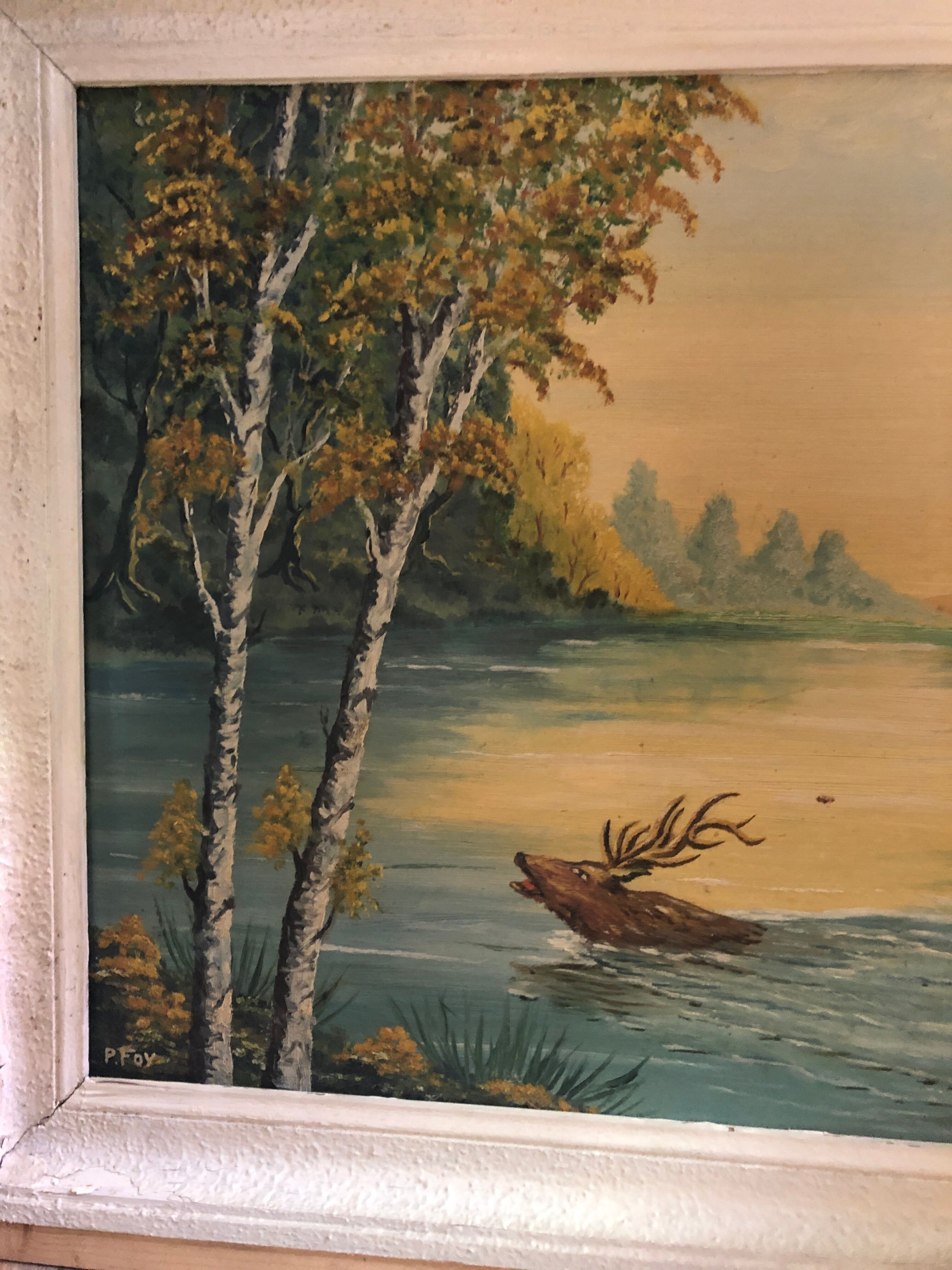 Old painting oil on panel p. foy hunting to court + frame wood white vintage