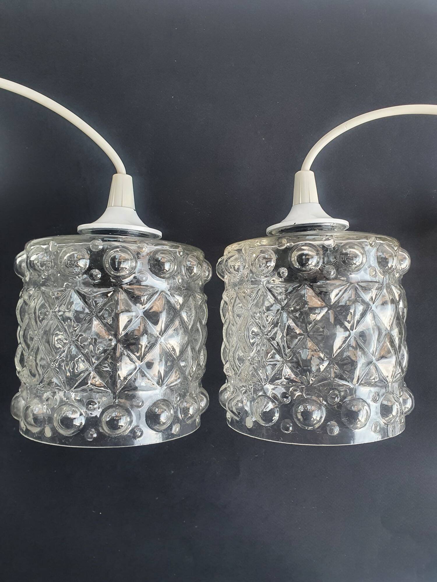 Pair of vintage 1970s glass pendant lights