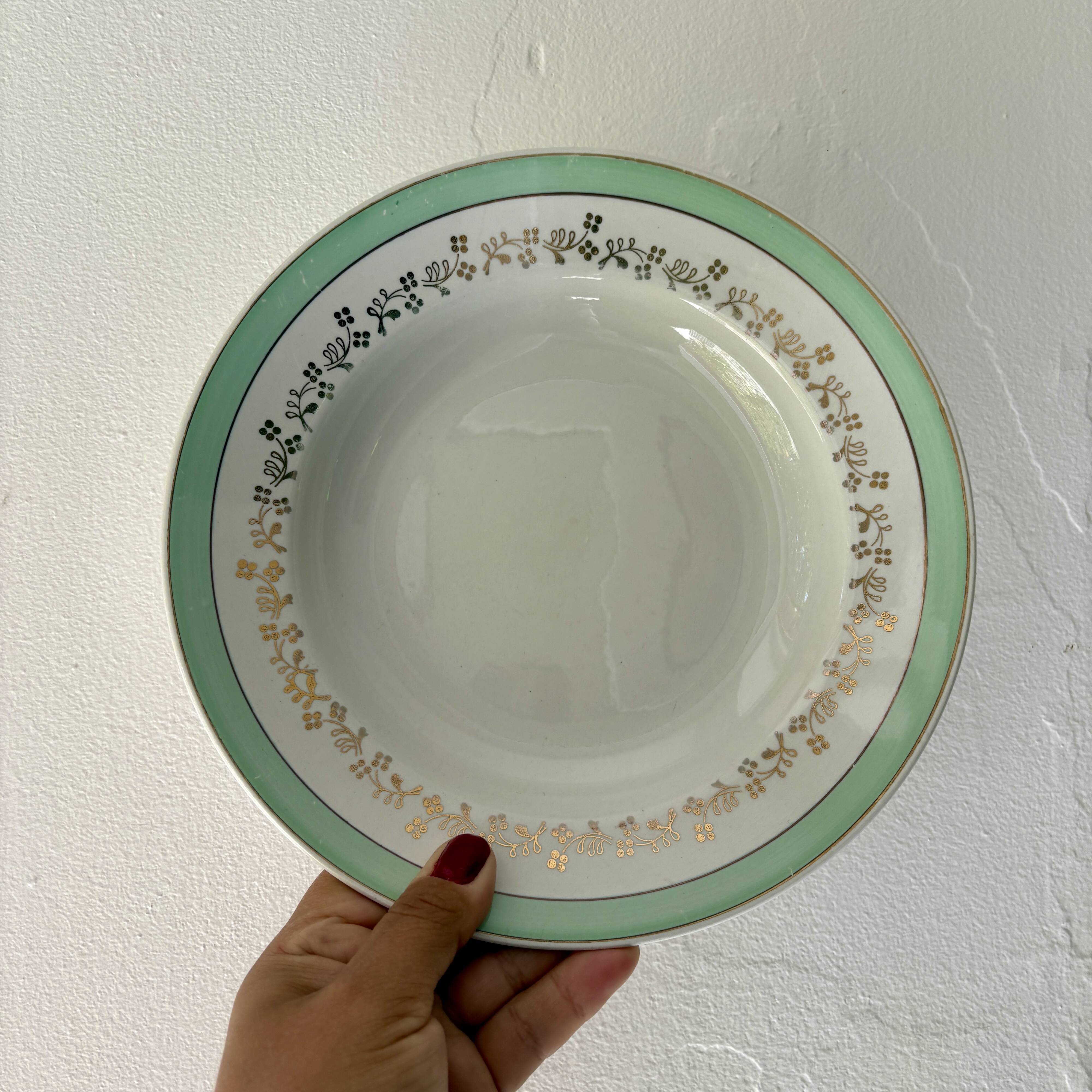 Set of 12 white, mint and gold soup plates, Mosèle de Luné model