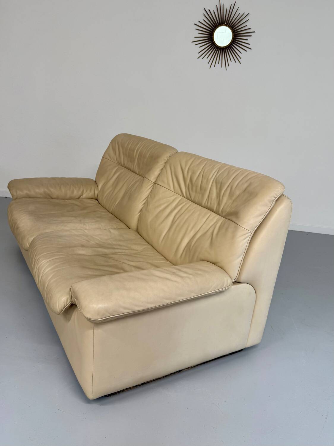 Old 2-seater beige leather sofa designed by Carl Larsson De Sede, vintage 80s