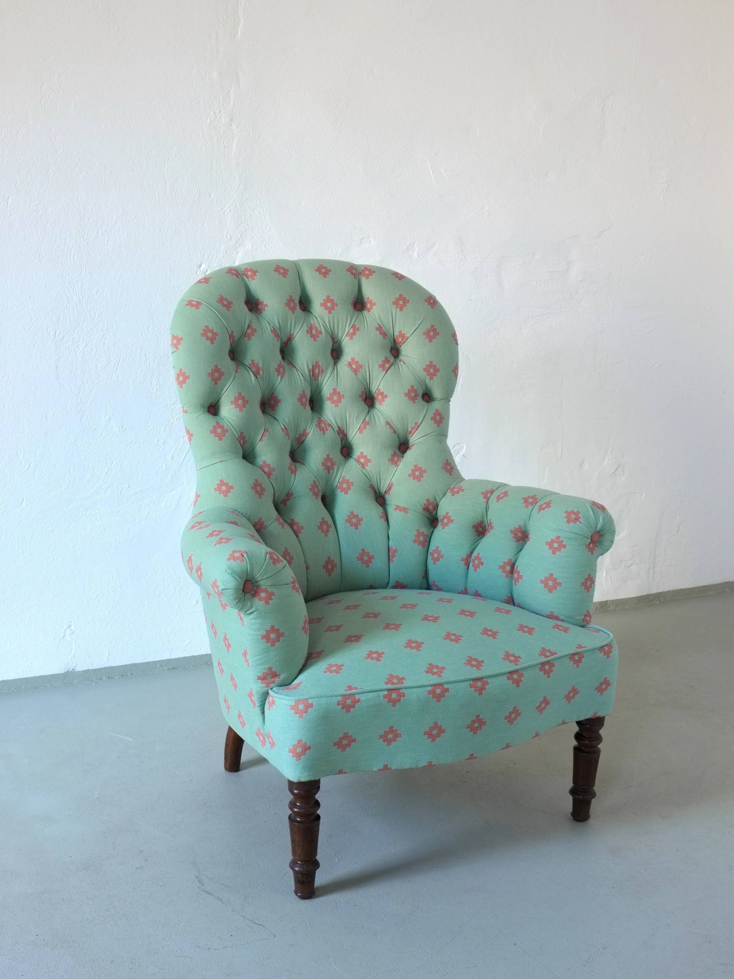 Vintage green coral button back armchair | Belgium