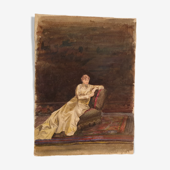 Ancient watercolor: woman sitting on a meridian