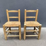Set of 2 chairs in raw wood and straw from the 50s