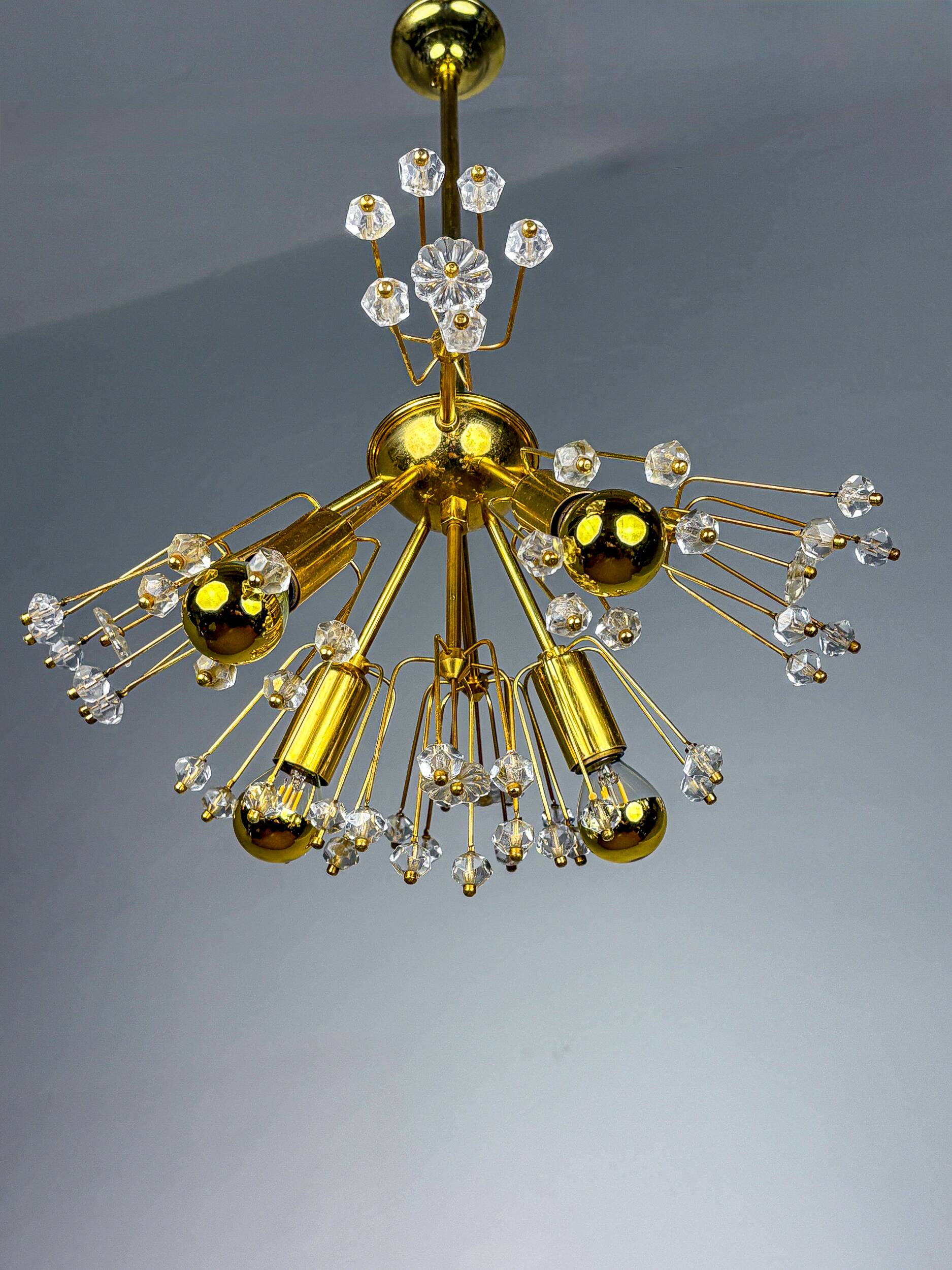 Emil Stejnar Sputnik chandelier for Rupert Nikoll, brass & crystal, Vienna, 1950s