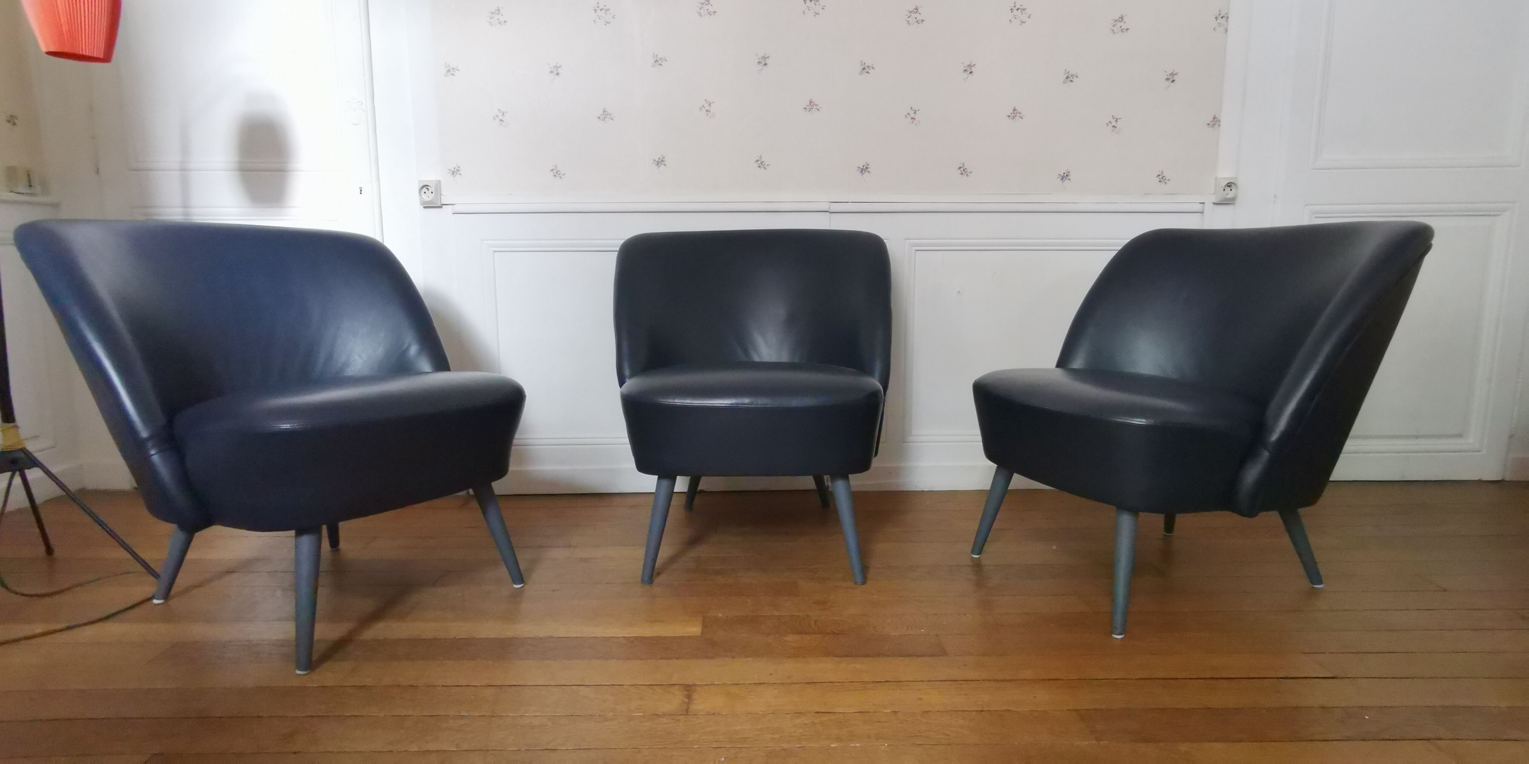 Cocktail armchair blued black leather 50/60