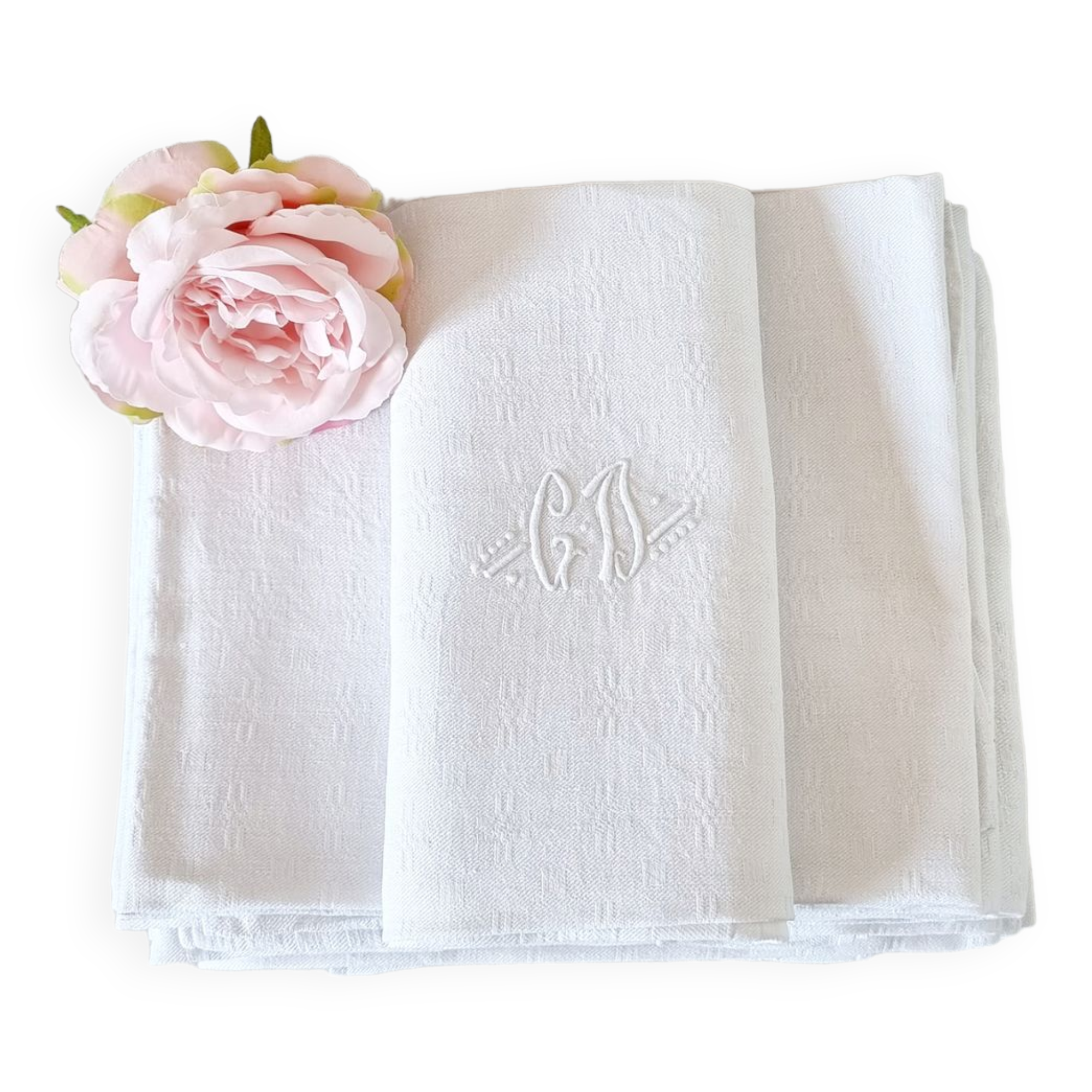12 antique French linen towels with damask embroidery with "GB" anagrams.