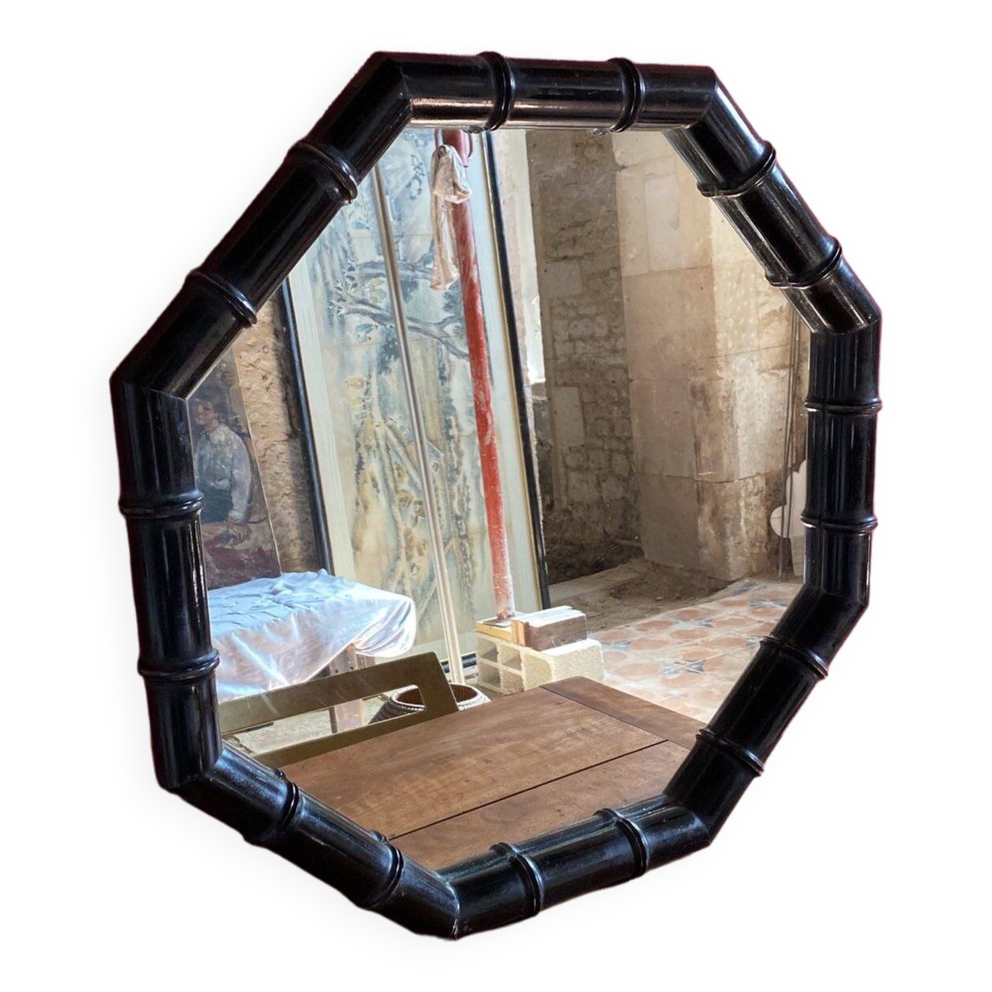 Black Bamboo Mirror from the 70s-80s