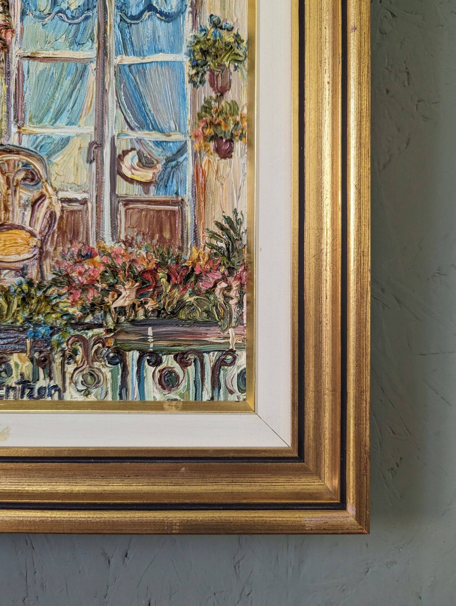 Mid-Century Modern Swedish "Balcony Garden" Vintage Oil Painting, Framed