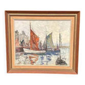 Original Swedish Oil on Canvas – “Boats in Harbour” by Inge Camill – Signed