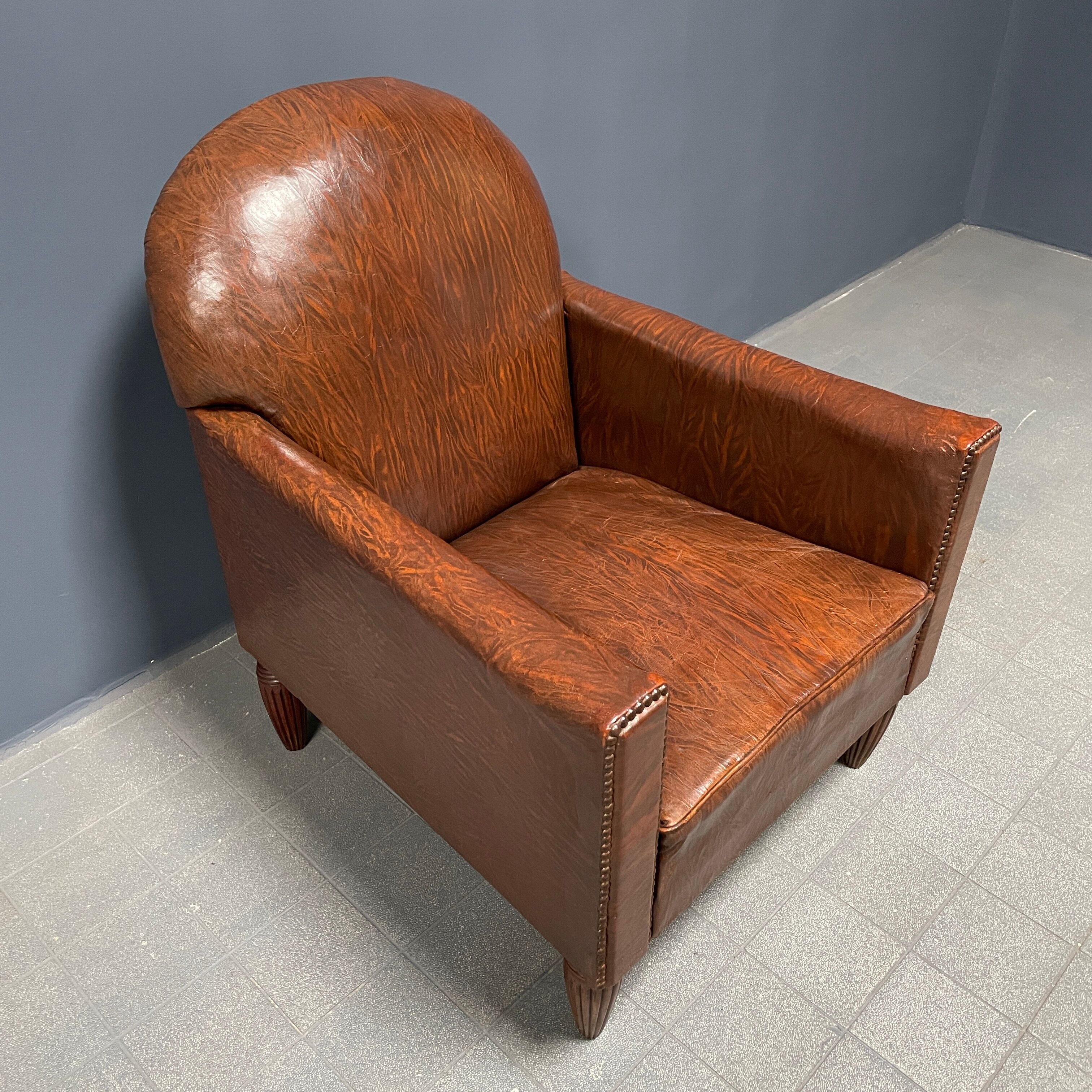 Leather art deco club chair from france, early 1900