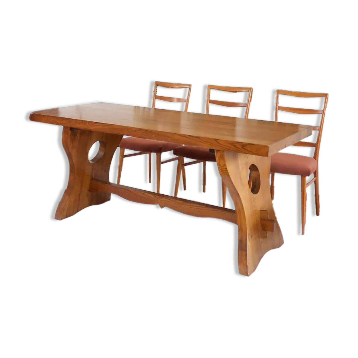 Solid wood dining table, sculpted brutalist base, 1960s.