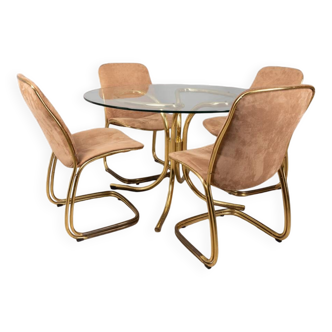 Ensemble de 4 chaises et table vintage années 70 en métal doré design Gastone Rinaldi
