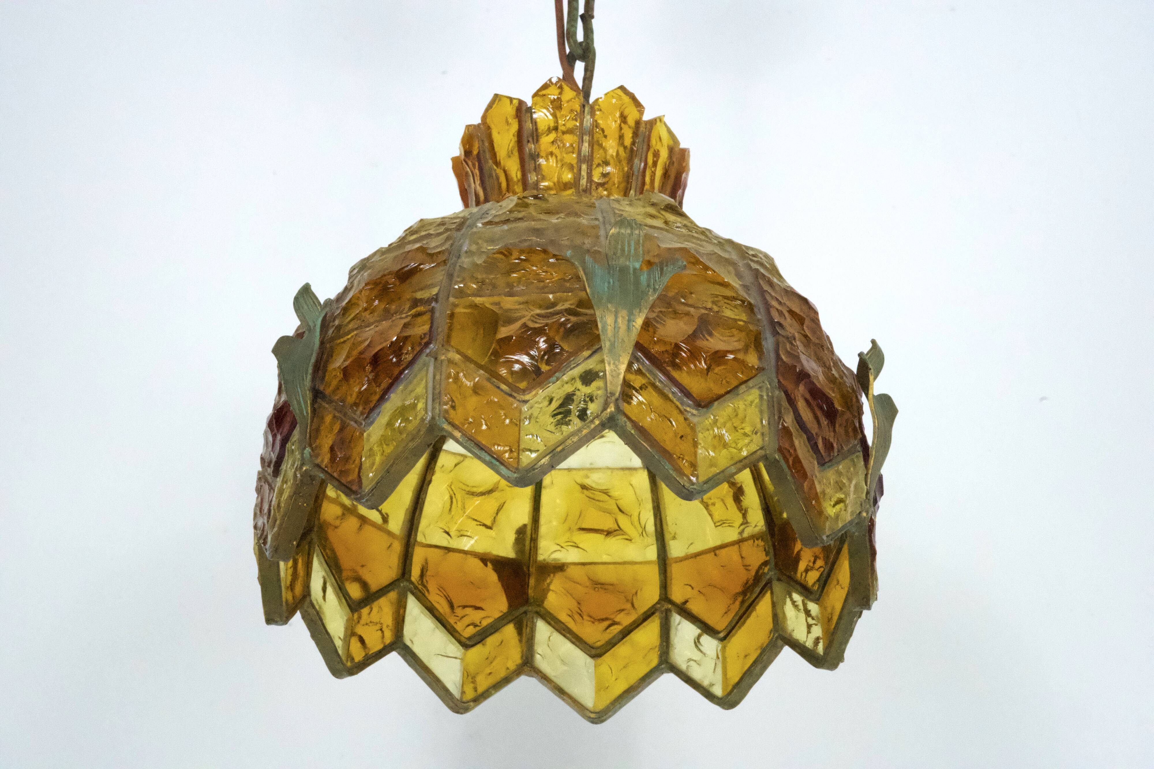 Brutalist Hammered Glass Chandelier by Longobard, Italy, 1970s