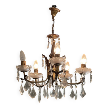 Lustre bronze a pampilles en verre 5 lumières