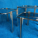 SET OF 3 NESTING TABLES WITH CHROME METAL DOUBLE BASE AND SMOKED GLASS