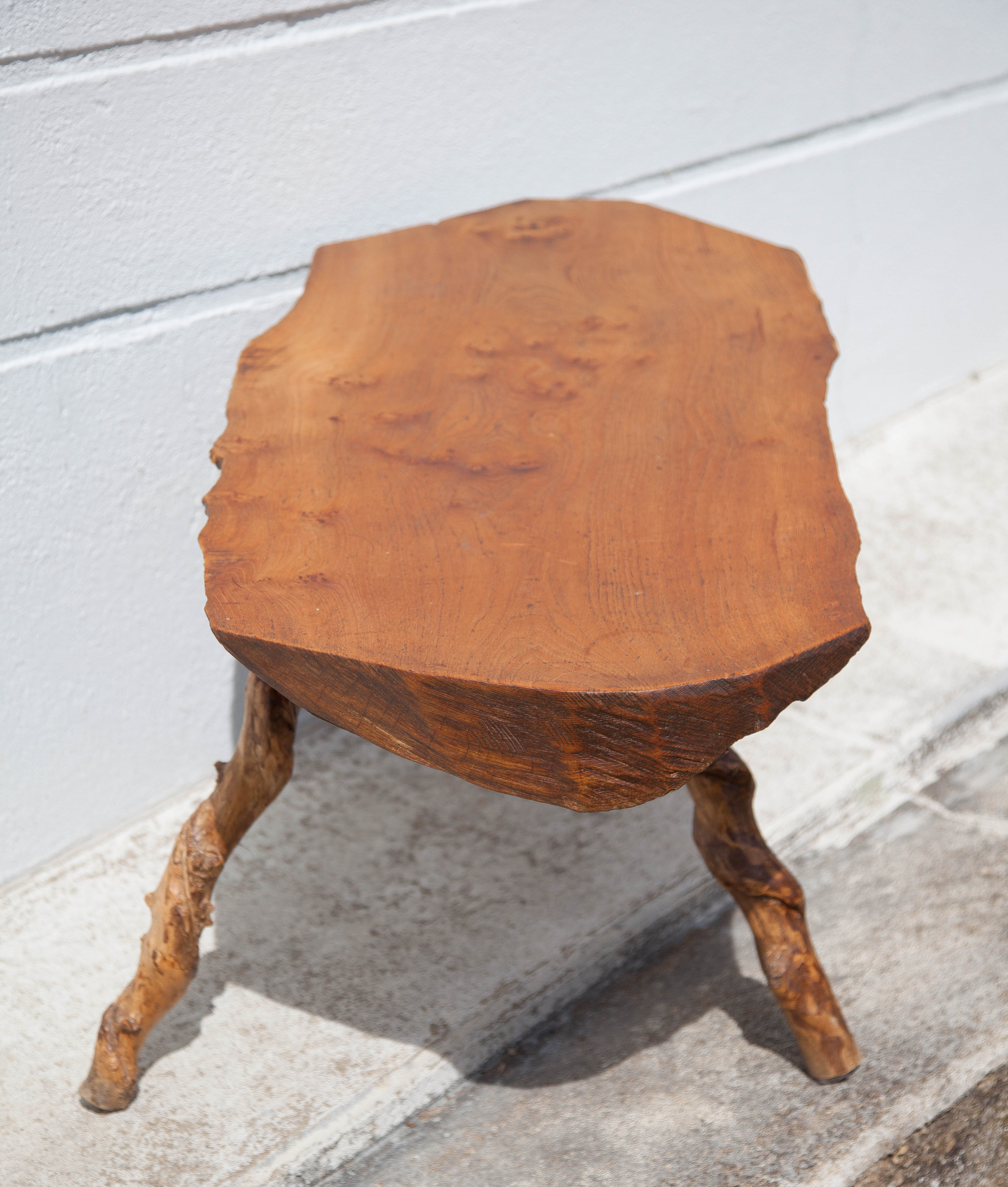 Tripod wood table, root table, natural wood table, vintage coffee table, brutalist