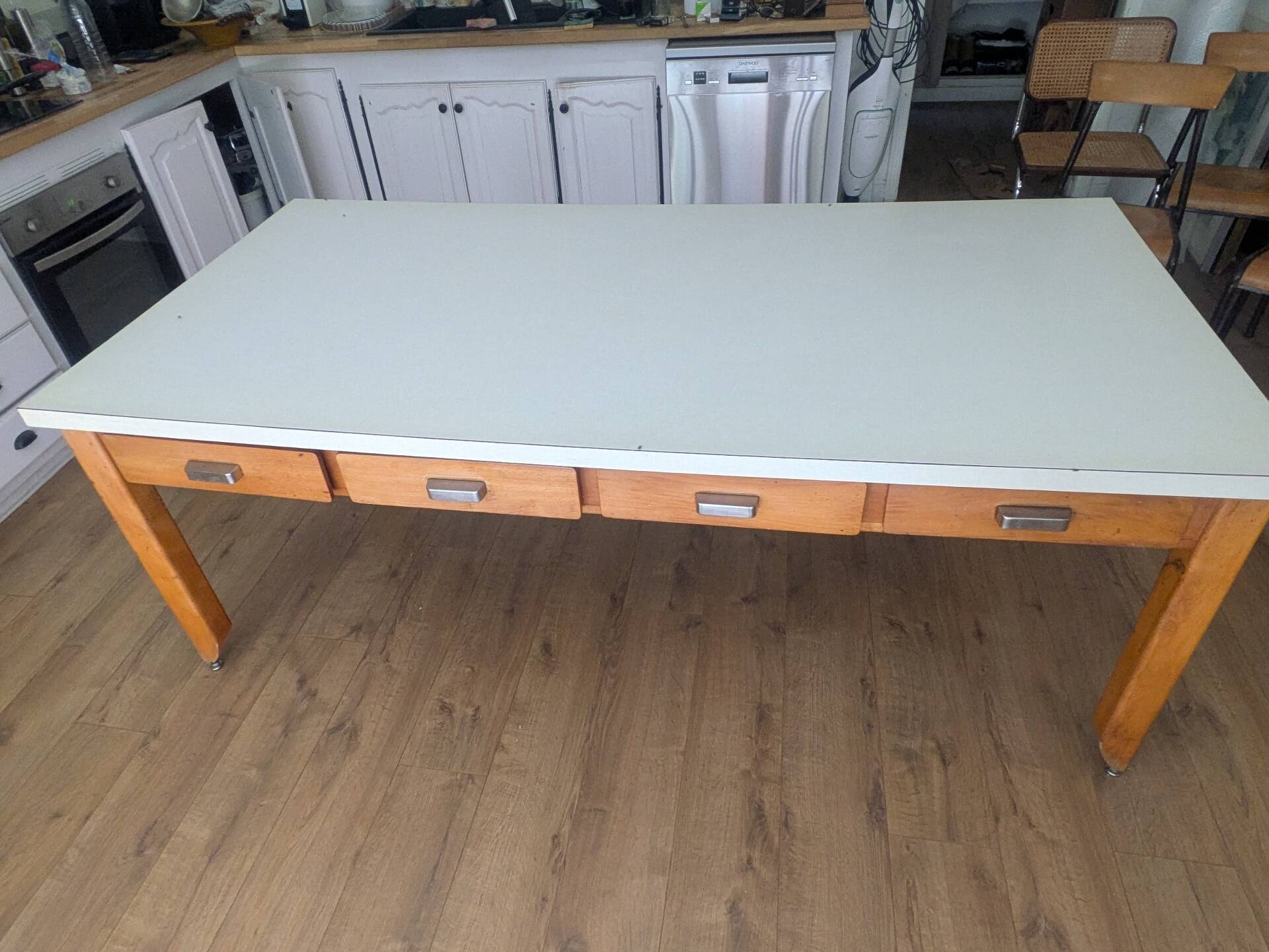 Large vintage convent table – 8 drawers – 200 cm