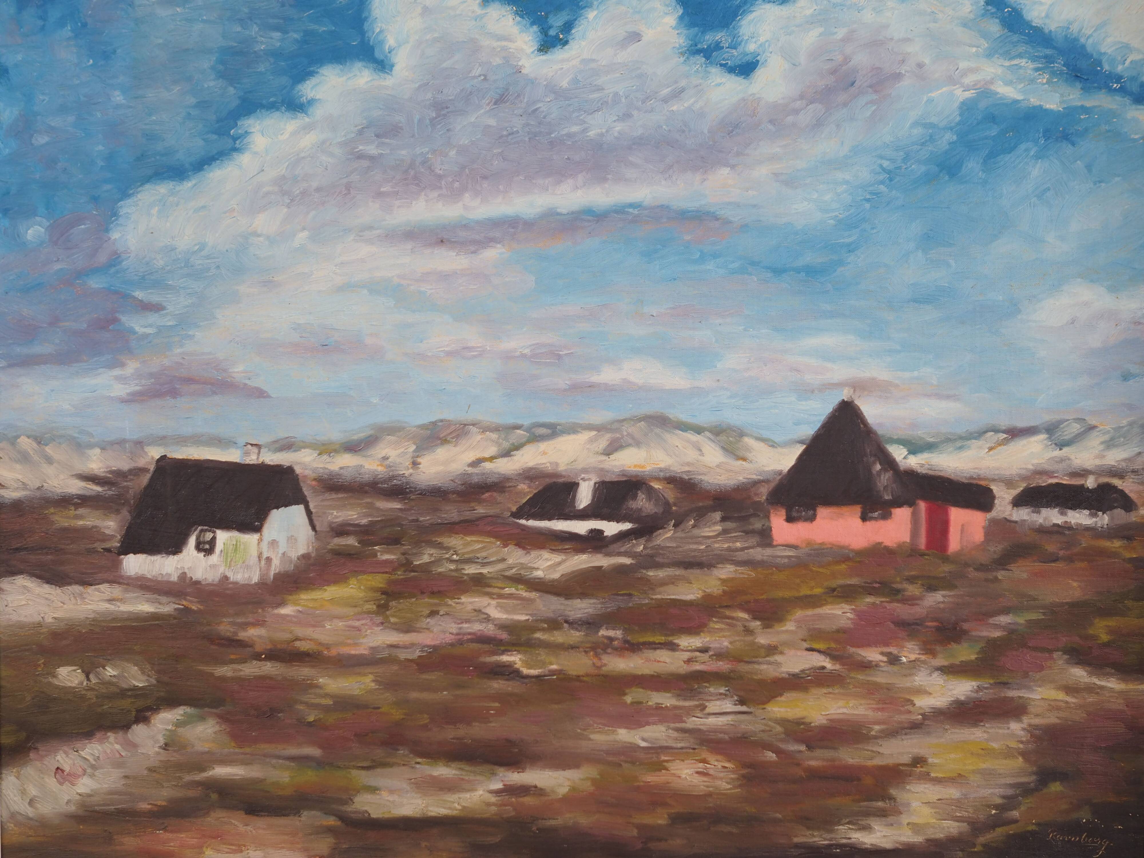 Tableau « Le village dans les nuages », design scandinave, années 1970