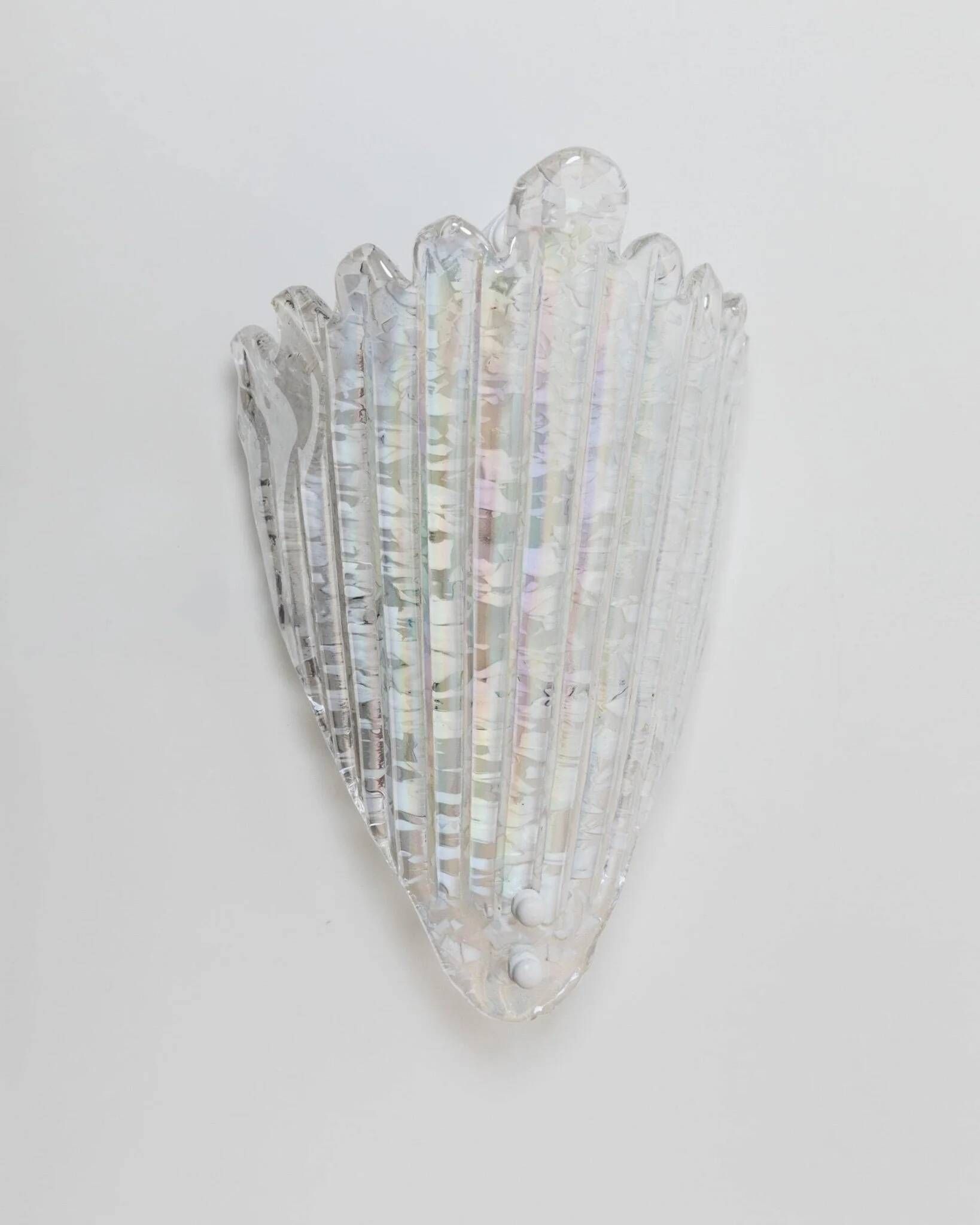Vintage Murano Glass Shell Wall Lamp in Opal White with Gold Metal Backplate, Italian 1970s Design