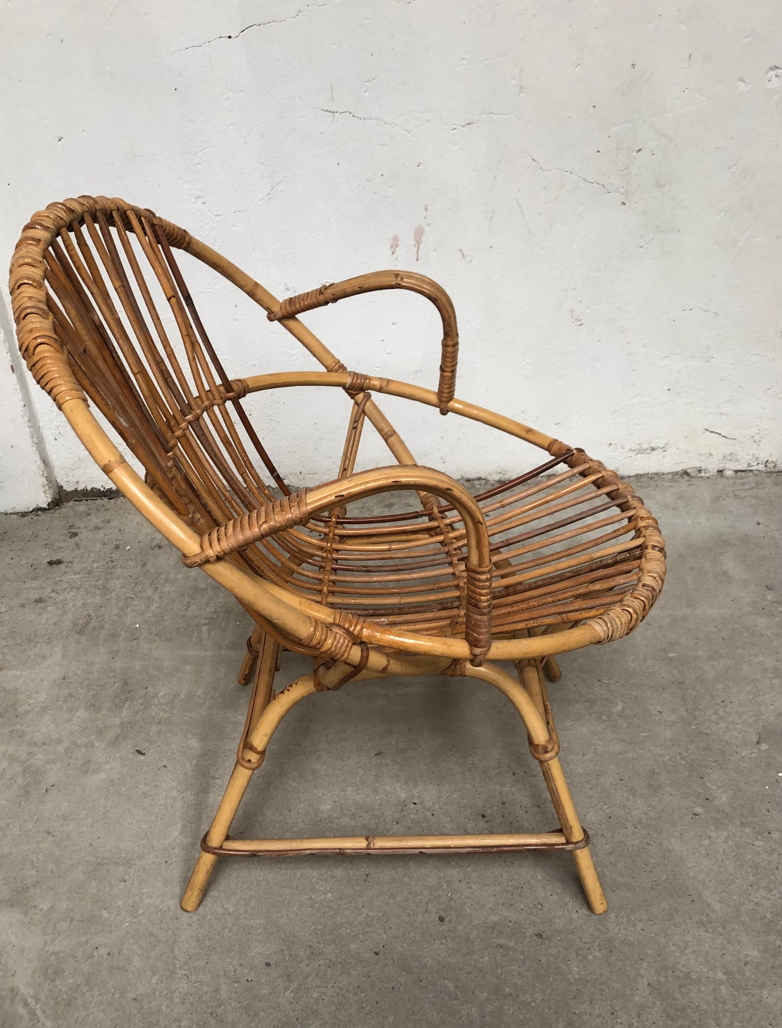 Vintage 70s rattan bamboo wicker shell armchair