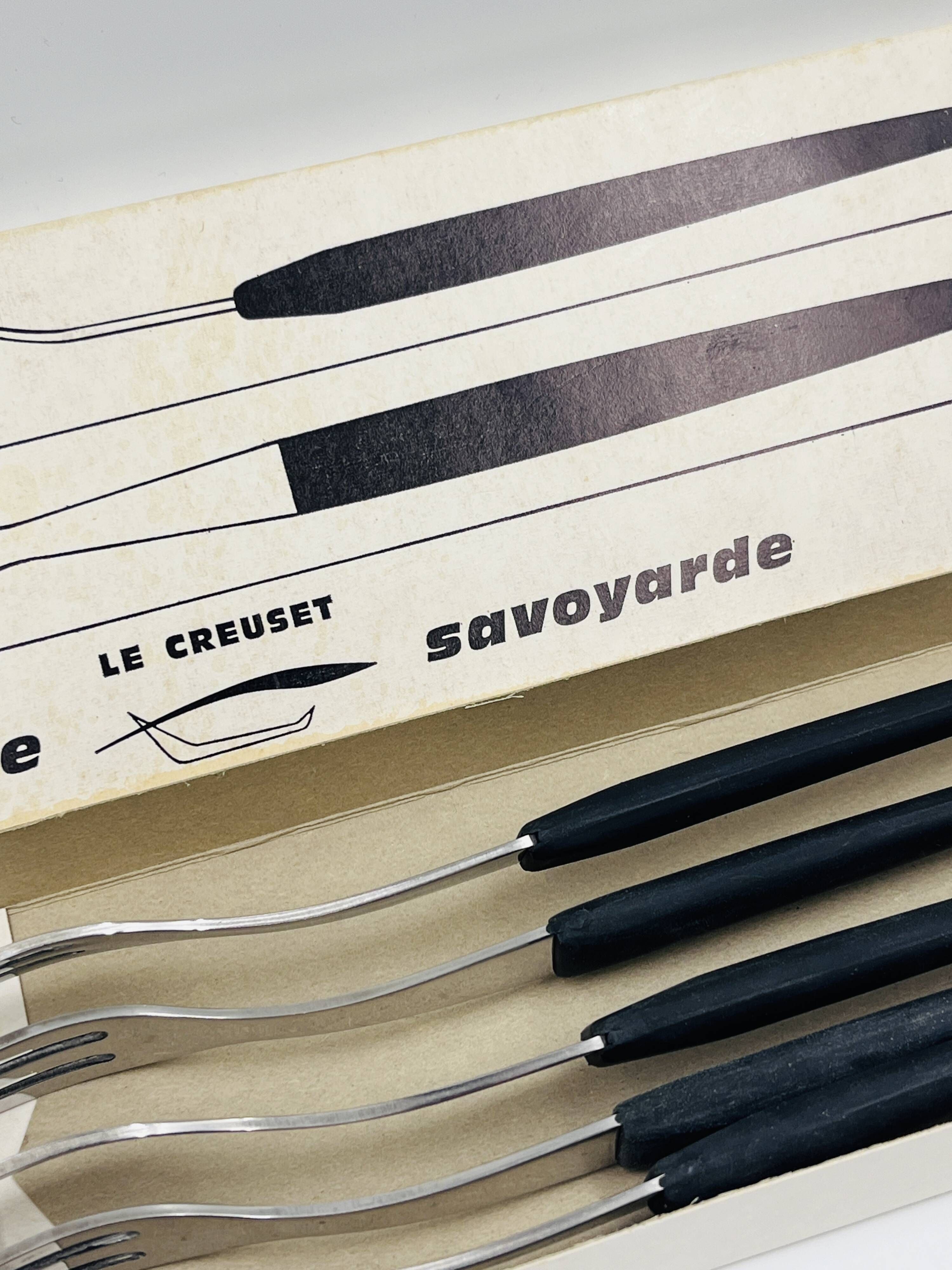 Set of 6 Savoyard fondue forks by Le Creuset with original box.