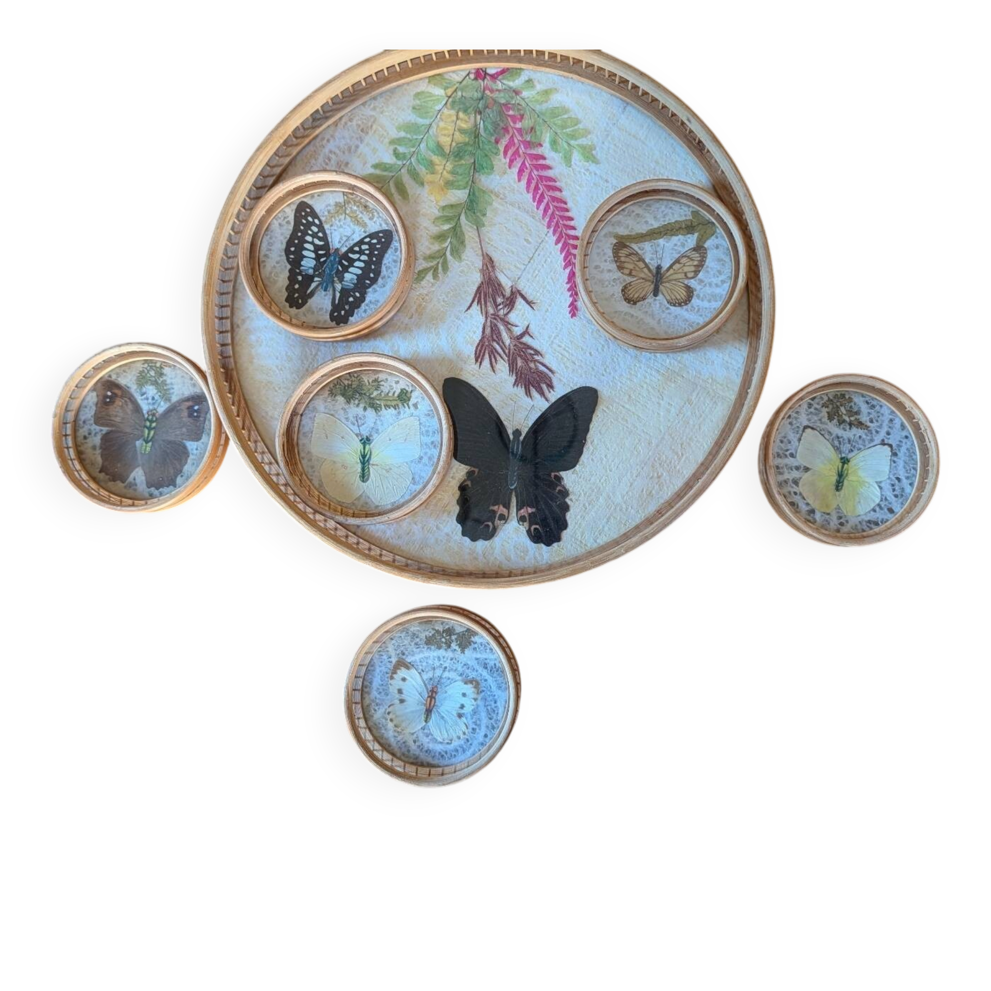 Vintage bamboo tray + 6 butterfly coasters from the 70s