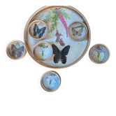 Plateau vintage bambou + 6 sous-verres papillons années 70