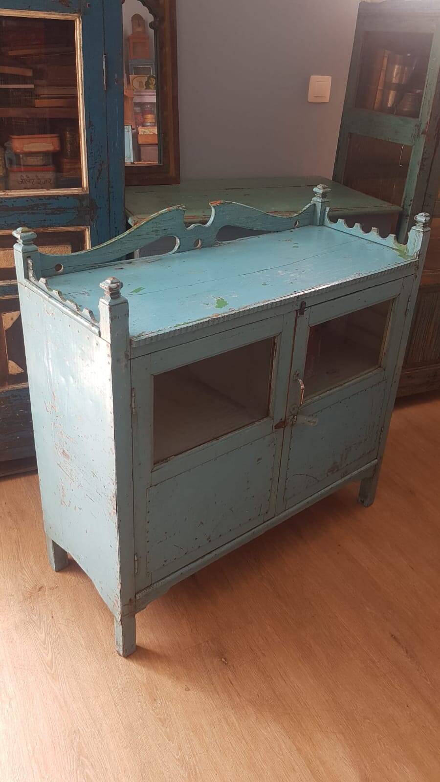 Low turquoise sideboard Indian teak and art deco