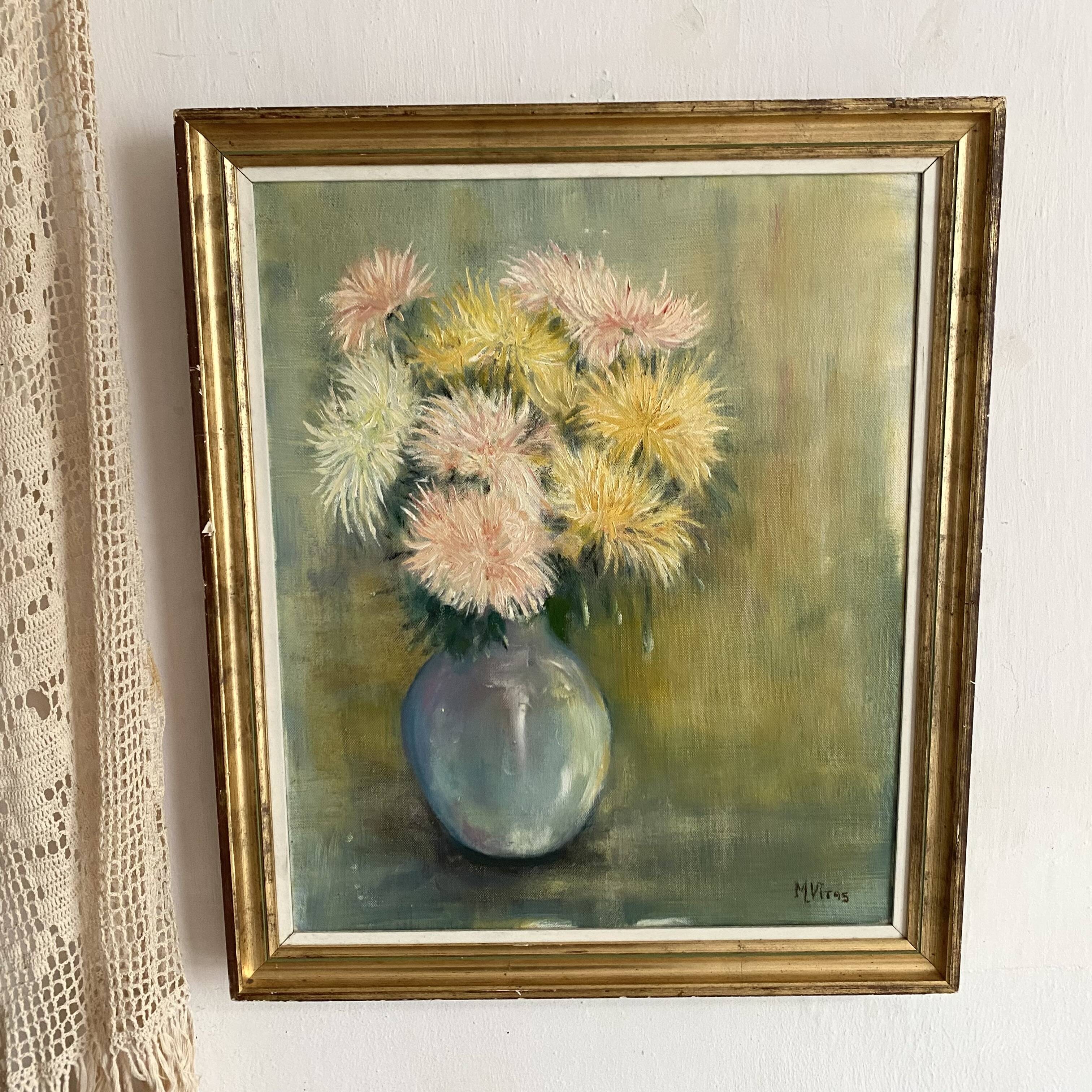 Still life bouquet of chrysanthemums, oil on canvas