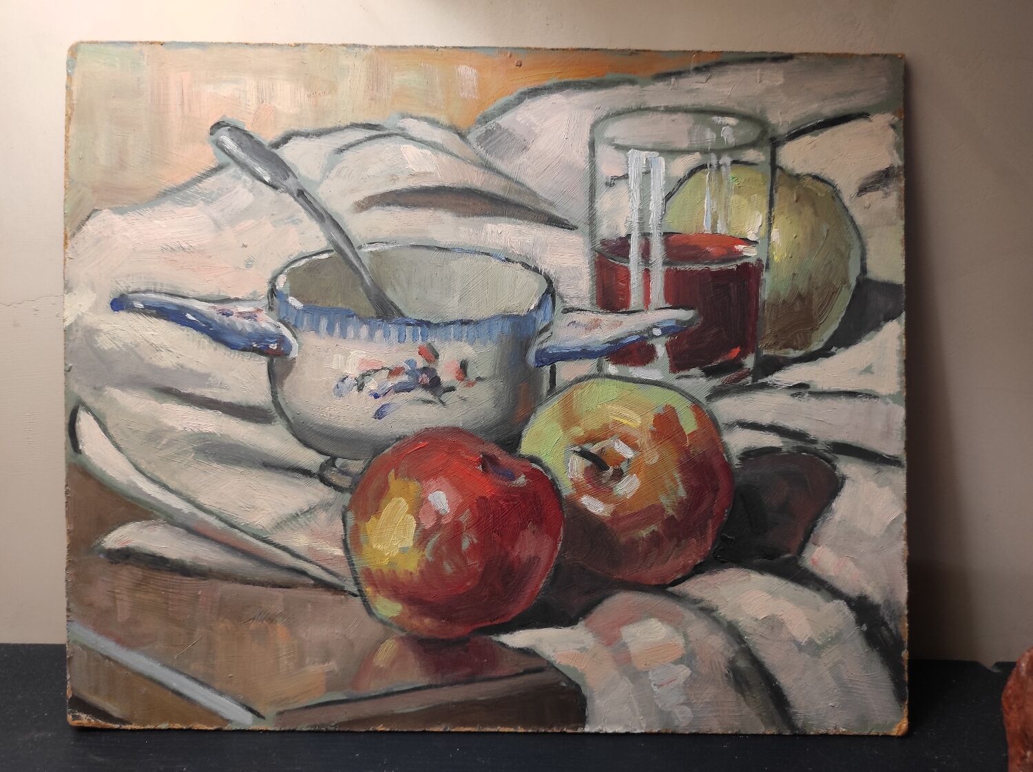 Still life with apples and oil bowl on cardboard 30s