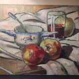 Still life with apples and oil bowl on cardboard 30s