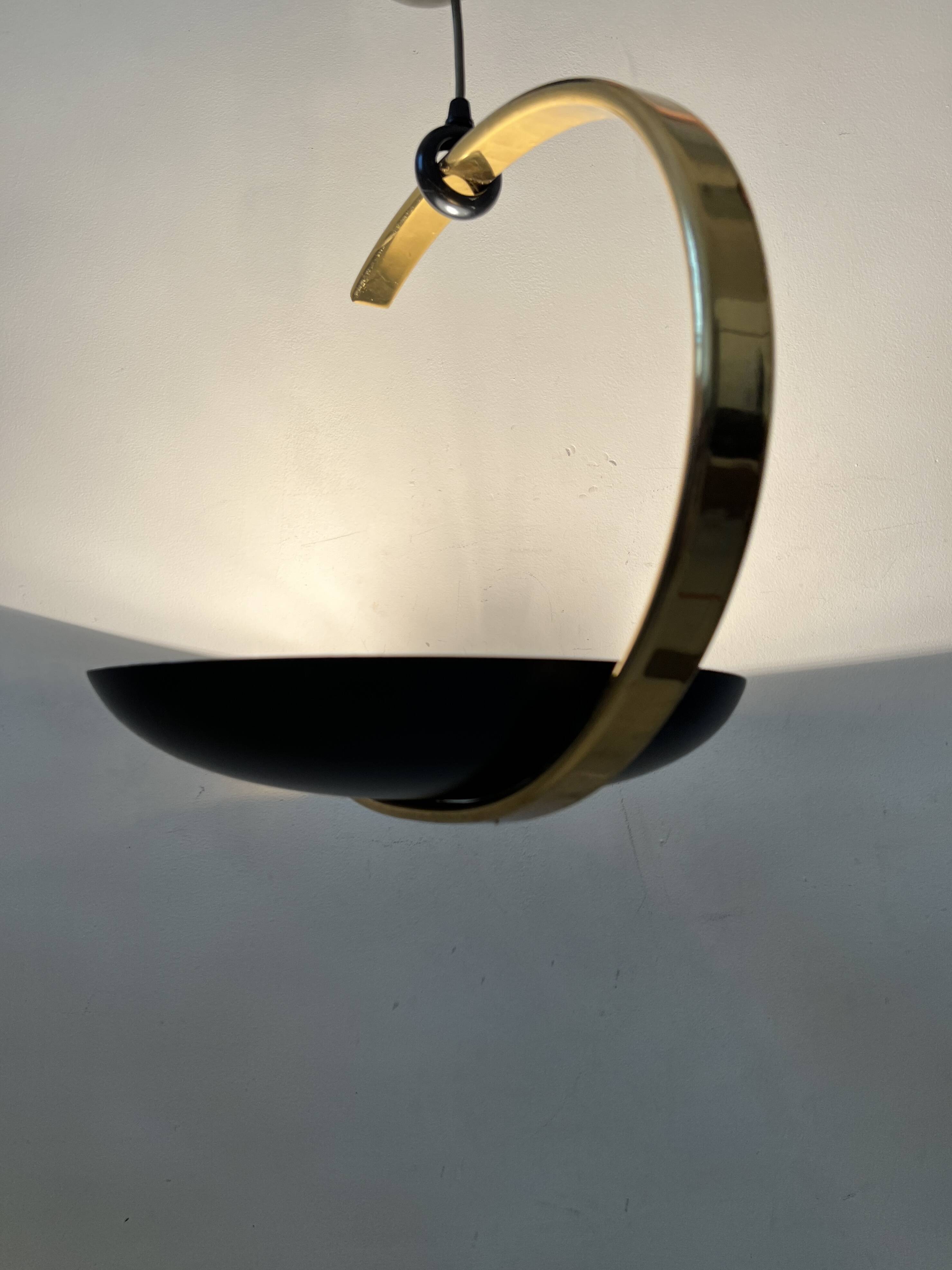 Black metal and brass arc pendant light "Les Activités" by Lucien Gau, Paris 1960