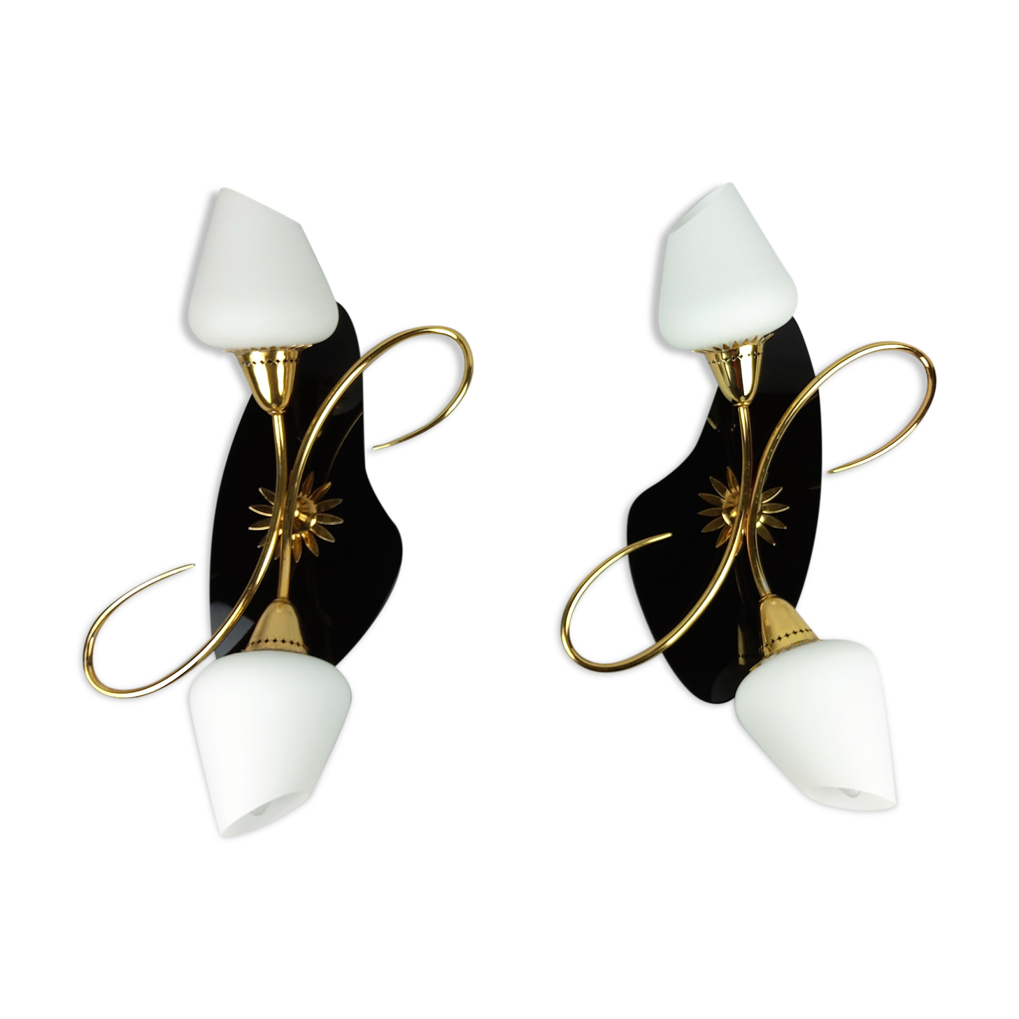Arlus black and brass opaline sconces 1960