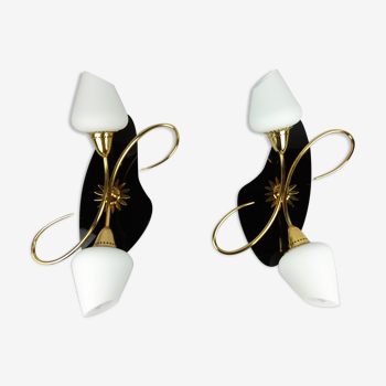 Arlus black and brass opaline sconces 1960